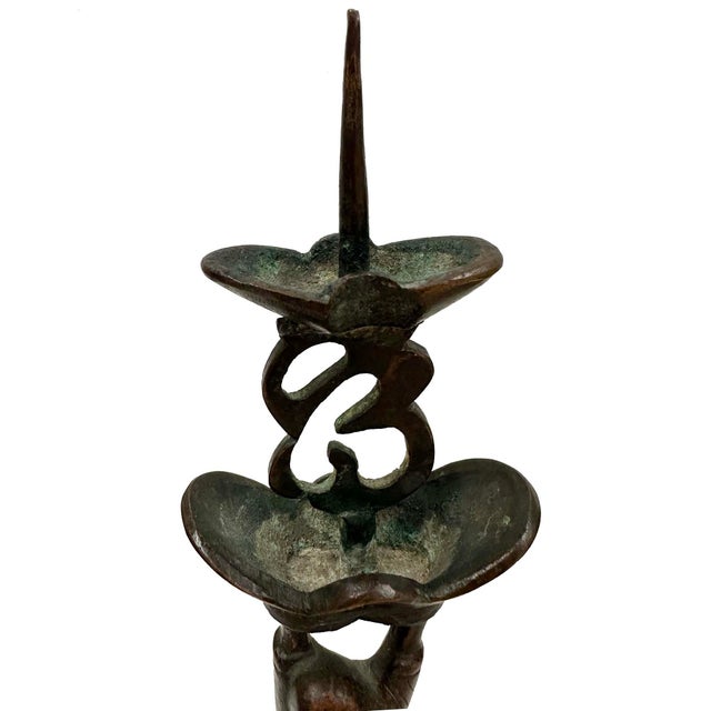 1920s Early 20th Century Chinese Pair of Bronze Happy Buddha Candle Holders For Sale - Image 5 of 9