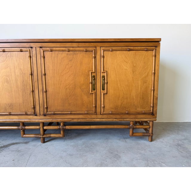 Mid-Century Modern Vintage Ficks Reed Palm Beach Faux Bamboo Wood Sideboard With Brass Pulls For Sale - Image 3 of 12