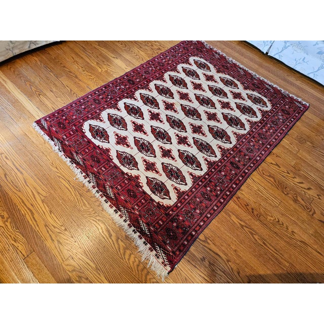 Vintage Turkmen Area Rug in All Over Geometric Pattern in Ivory, Red, Black For Sale - Image 10 of 10