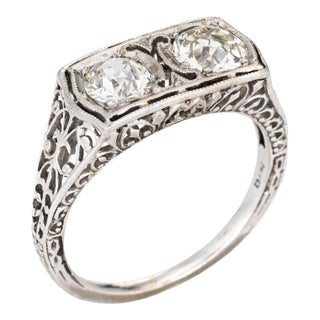 Vintage Art Deco Ring 1.25ct Double Diamond 18k White Gold Filigree Sz 6 Jewelry For Sale