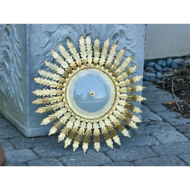 Gold Mid 20th century Spanish Gilt Metal Semi-Flush Sunburst Light Fixture with Star Motifs For Sale - Image 8 of 12