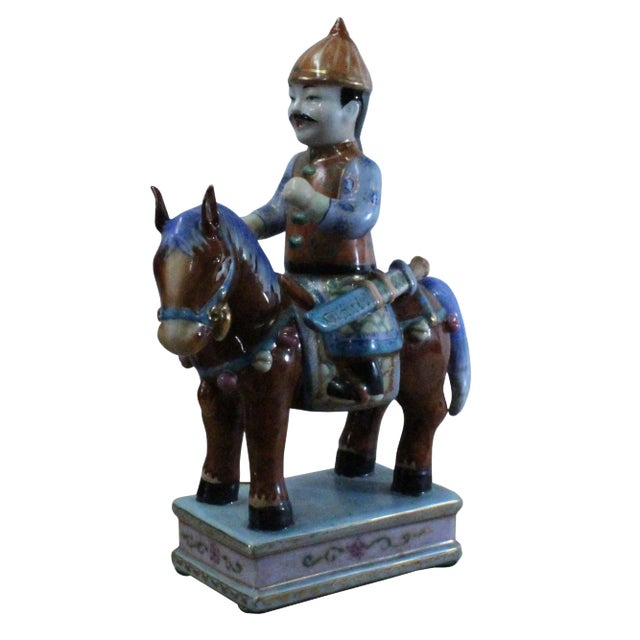 Oriental Vintage Handmade Ceramic Qing Man Riding Horse Figure For Sale