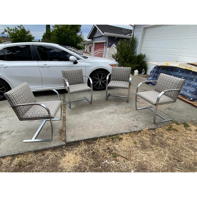 2003 Set of 4 Mies Van Der Rohe for Knoll Flat Bar Brno Arm Chairs Grid Fabric Pattern For Sale - Image 11 of 15