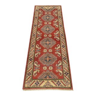 Kazak Runner 2’5” X 6’5” Red Wool Tribal Hand-Knotted Oriental Rug For Sale