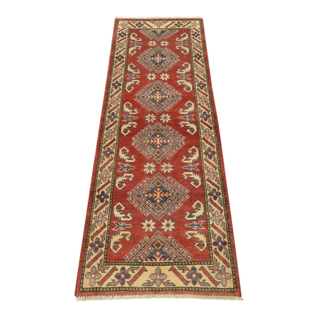 Kazak Runner 2’5” X 6’5” Red Wool Tribal Hand-Knotted Oriental Rug For Sale