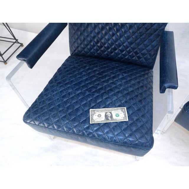 Blue Pair of blue Quilted Leather Upholstery Seats Lucite Base Arm Lounge Club Chairs For Sale - Image 8 of 14