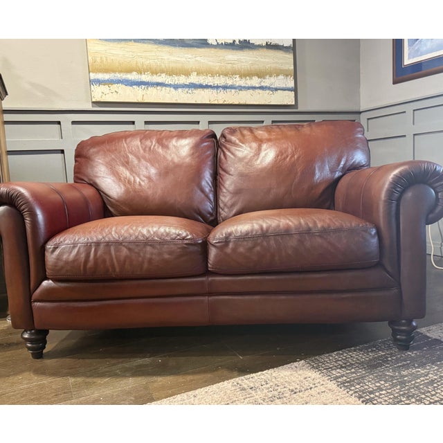 Brown Natuzzi Maturità Italian Cognac Top Grain Leather Loveseat – Made in Italy For Sale - Image 8 of 11