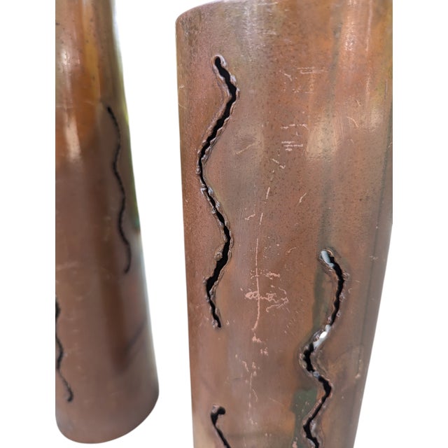 1960s Brutalist Torched Cut Copper Metal Pillar Candle Holders-Set of 3 For Sale - Image 11 of 12