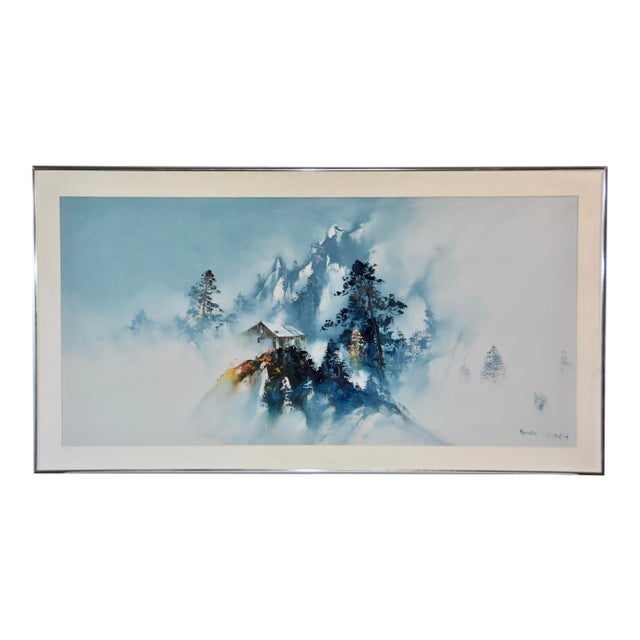 Mid 20th Century Japanese Landscape Scene Silk Painting, Framed Signed For Sale