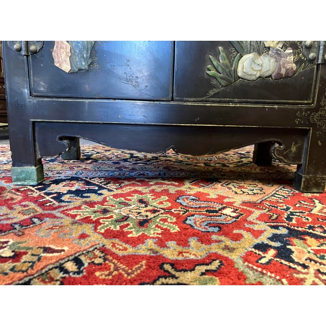 Antique Chinese Black Lacquer Cabinet W Jade Inlay of Bird & Floral Motif For Sale In Boston - Image 6 of 17