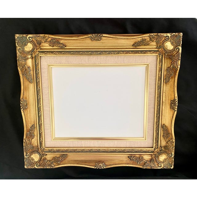 Stunning Vintage French Provincial, Baroque, Rococo Ornate Gold Toned Wood Picture Frame with Linen Liner. Masterfully...