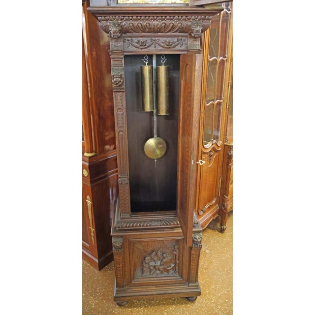 ​​19th Century Tiger Oak Figural Carved Tall Case Grandfather Clock W&h Movement For Sale - Image 12 of 17