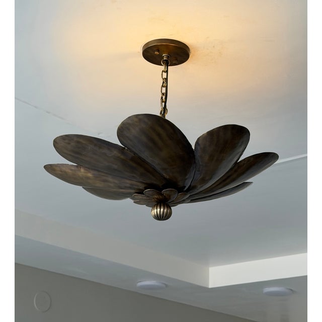 Mid-Century Modern Antique Brass Floral Pendant Light Fixture, Handmade Flower Ceiling Light For Sale - Image 3 of 12
