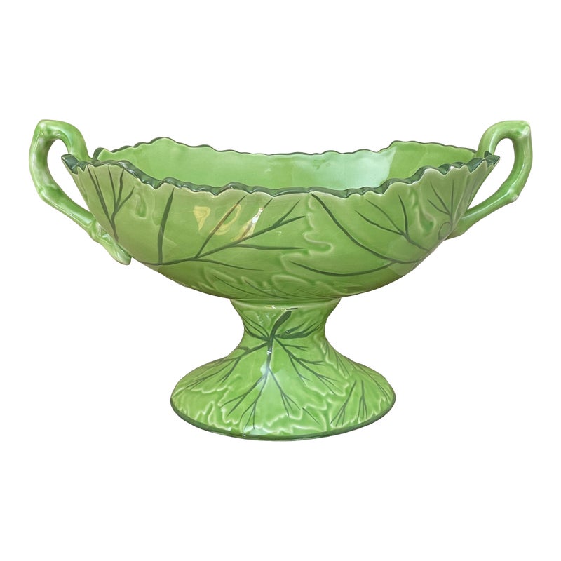 Vintage Footed Oval Ceramic Compote With Handles In Leaf Design