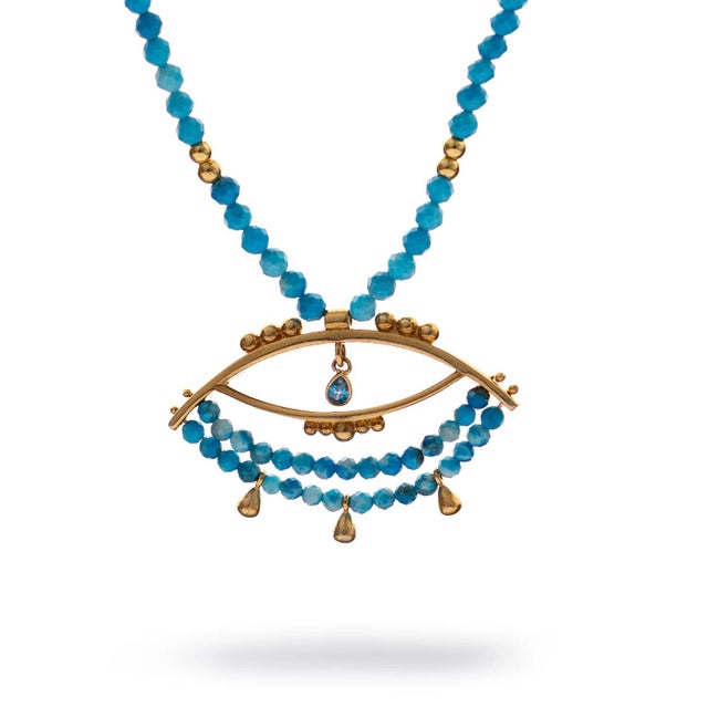 Turquoise Beaded Chain Evil Eye Topaz Gold Necklace For Sale - Image 4 of 11