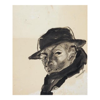 Small Early 20th Century Portrait Study of Man in Hat Watercolor Painting For Sale