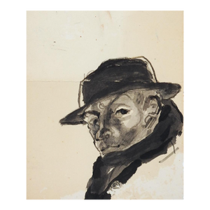 Small Early 20th Century Portrait Study of Man in Hat Watercolor Painting