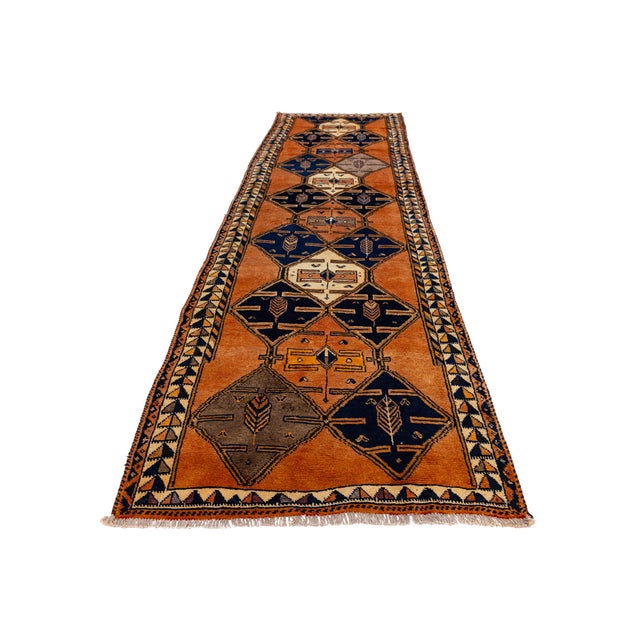 Textile Mid-20th Century Vintage Turkish Oushak Runner Rug With Geometric Medallions in Burnt Orange and Indigo Blue For Sale - Image 7 of 9