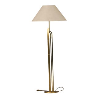 Vintage Floor Brass Lamp with Fabric Lampshade, Italy, 1970s For Sale