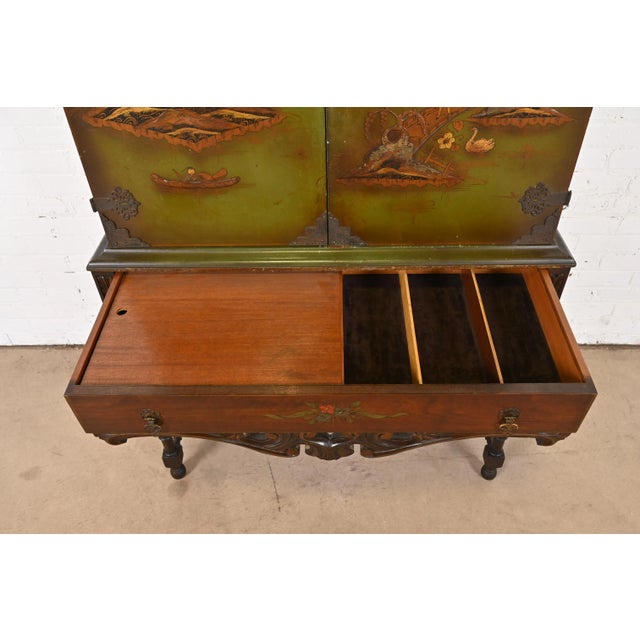 Chinoiserie Jacobean Hand Painted Bookcase or Bar Cabinet, Circa 1920s For Sale - Image 9 of 12