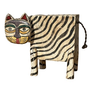 Vintage Painted Wooden Cat Shaped Piggy Bank For Sale