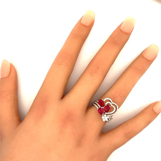 Ruby Diamond 18k White Gold Hearts and Flower Motif Ring, Size 7.25 For Sale - Image 9 of 9