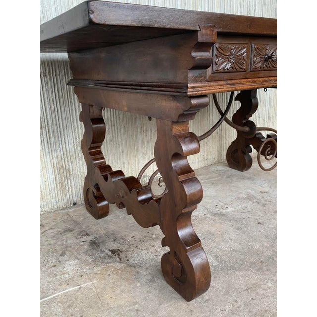 19th Century Walnut and Wrought Iron Desk With Two Drawers and Lyre Legs For Sale In Miami - Image 6 of 13