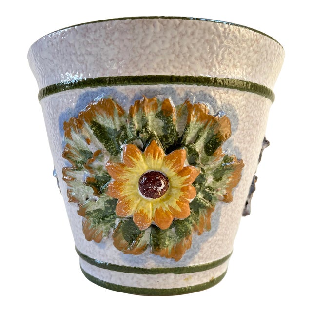 Large Italian Palm Beach Style Majolica Planter Cachepot For Sale
