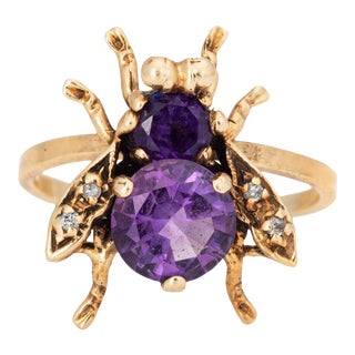 Vintage Insect Ring Amethyst Diamond 14k Yellow Gold Sz 6 Movable Charm Jewellery For Sale