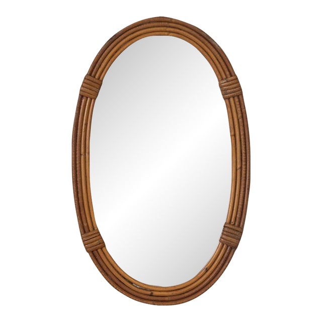 1960s French Rattan Oval Mirror For Sale