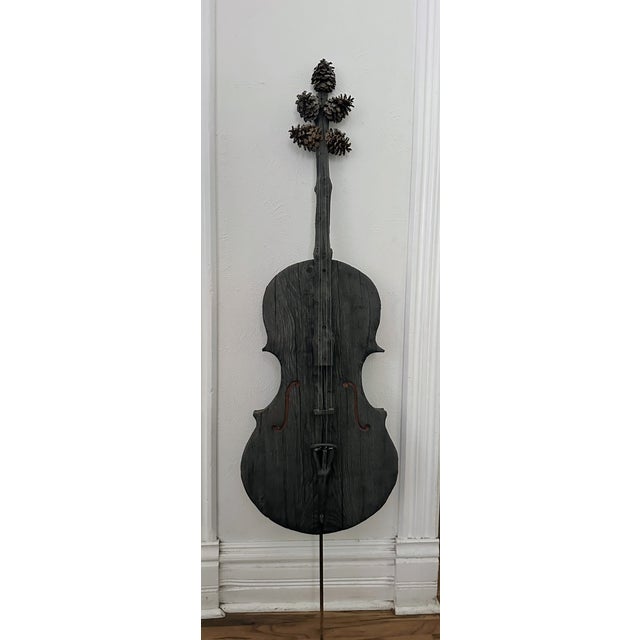 Large 67" Hand-Carved Wooden Cello Sculpture With Pinecone Tuning Pegs – Folk Art For Sale - Image 13 of 16