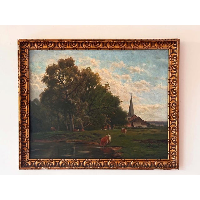 Pastoral Landscape, Oil Painting on Wood Panel, Framed For Sale - Image 7 of 11