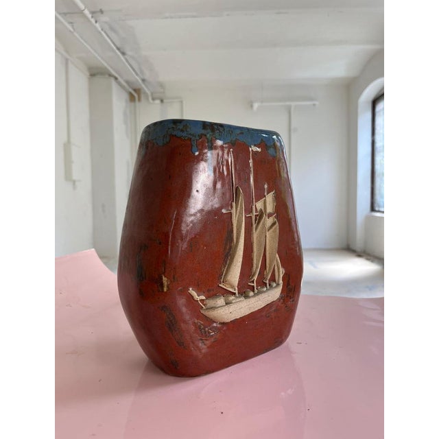 Vase with Ship in Brown Ceramic, Denmark For Sale - Image 3 of 9