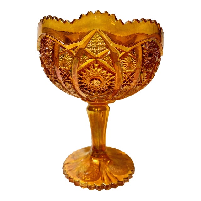 Vintage Fenton Carnival Glass Compote in Iridescent Amber 8" Tall For Sale