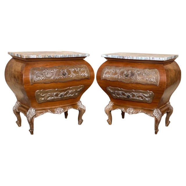 Early 20th Century Pair of Bombé Carved Nightstands with three Drawers and Marble Top, Mariano Garcia For Sale - Image 15 of 18