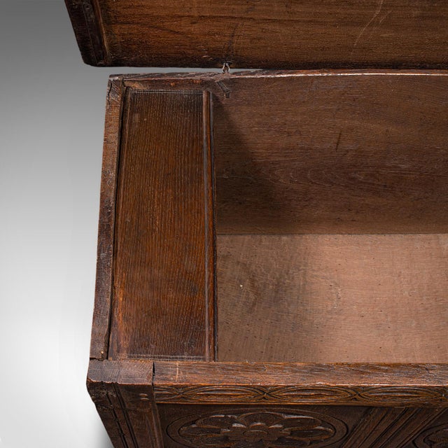 Antique Linen Chest, English, Carved Oak, Coffer, Bay Window Seat, William III For Sale - Image 10 of 12