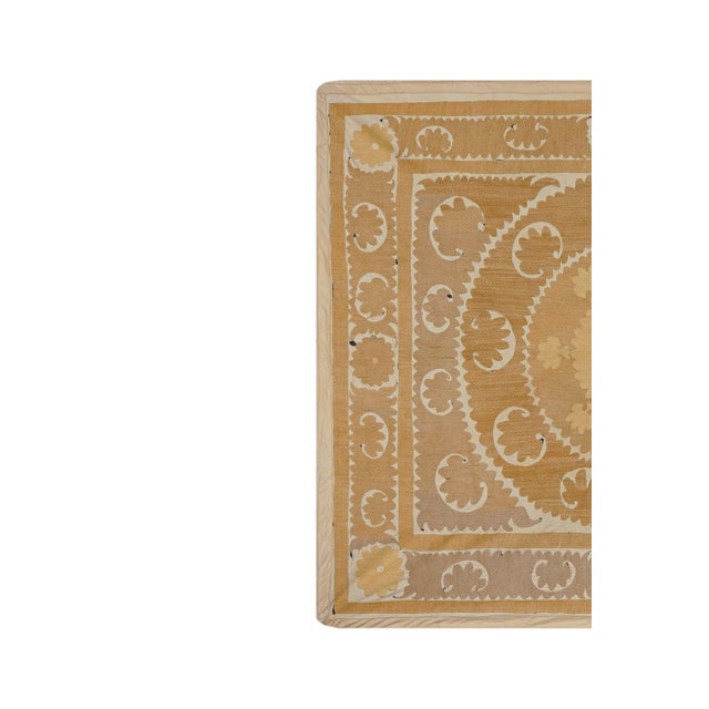 Mid-Century Modern Soft Earth Tone Suzani Textile, Hand Stitched Uzbek Home Decor 4'2'' X 4'8'' For Sale - Image 3 of 10