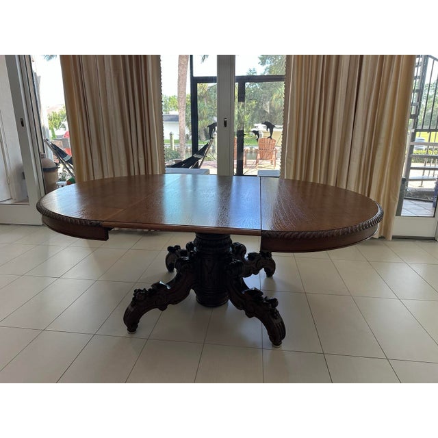 French Circa 1860 French Louis XIII Hunting Style Carved Oak Extension Dining Table For Sale - Image 3 of 15