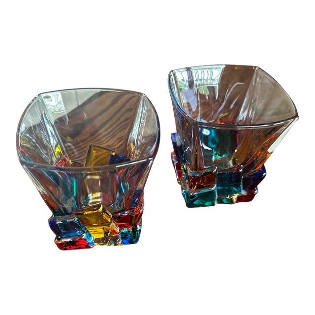 CC Zecchin Murano Whisky Tumbler Multi Color 4" Tall 2 Piece For Sale