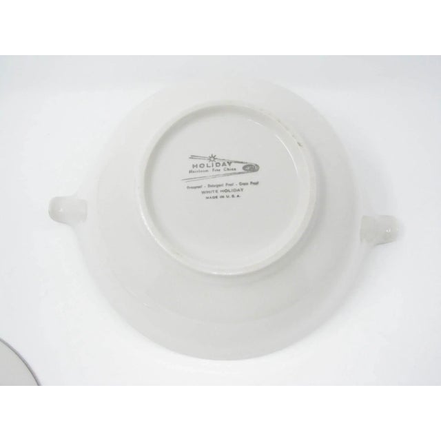 Vintage John Gilkes Holiday Heirloom White China Lidded Serving Bowl Dish With Brass Finial and Curved Handles For Sale - Image 11 of 13