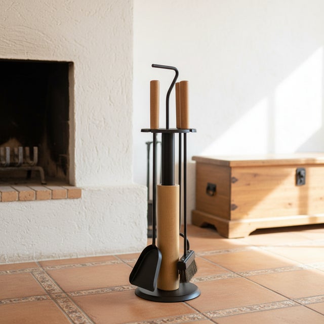 2020s Modern Fireplace Tool Set (66cm) Matte Black & Natural Wood Handles – 4 Piece Kit For Sale - Image 5 of 10