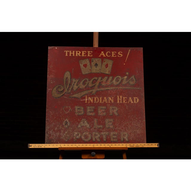 Red Vintage Iroquois Beer "Three Aces" Painted Tin Sign For Sale - Image 8 of 8