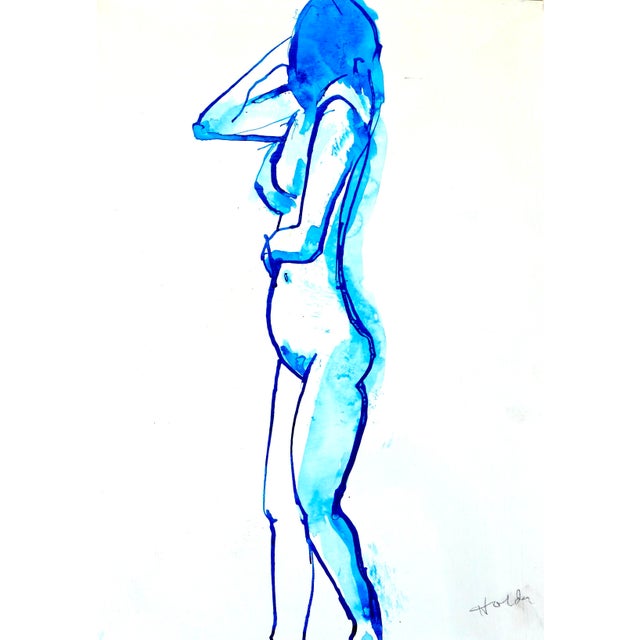 Contemporary Woman in Blue Ink on Paper by Maratha Holden For Sale - Image 3 of 6