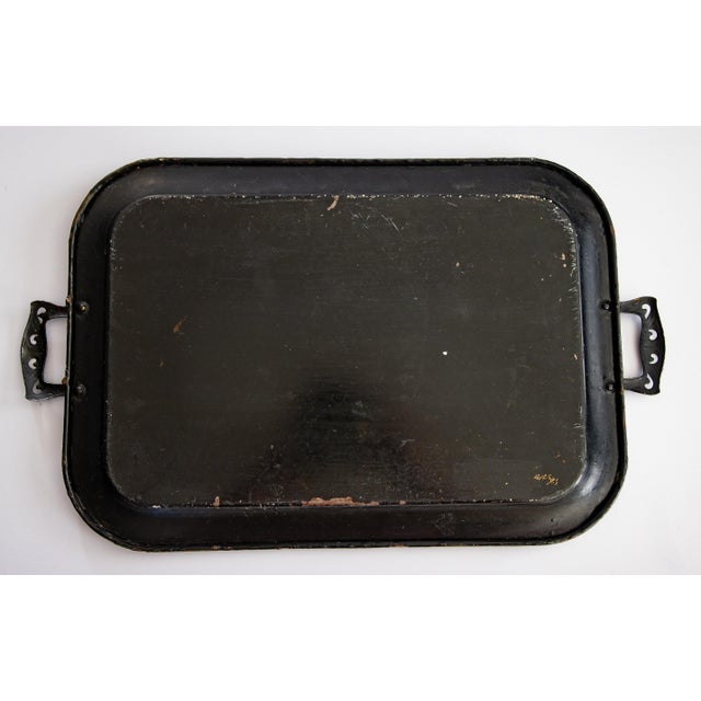 Metal Antique English Chinoiserie Hand Painted Black & Gilt Birds Floral Tole Tray For Sale - Image 7 of 8