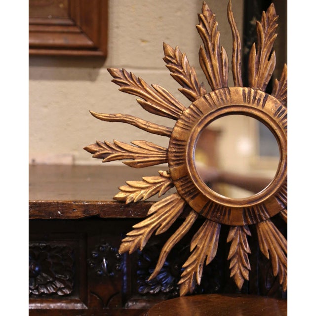 French Mid-Century French Carved Giltwood Painted Wall Sunburst Mirror For Sale - Image 3 of 8