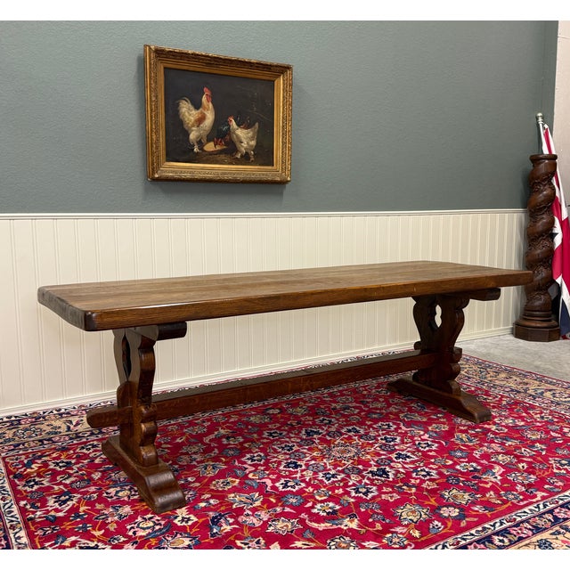 Antique French Country Farm Dining Table Farmhouse Trestle Base Oak 87"w For Sale - Image 15 of 17