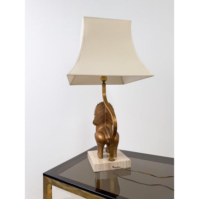 Thai Singha Lion Foo Dog Table Lamp in Gilt Bronze, Brass and Travertine, 1970s For Sale - Image 18 of 18