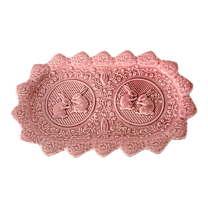 Bordallo Pinheiro Large Sandwich Tray | Rabbits Pink | Portuguese Majolica Art Pottery