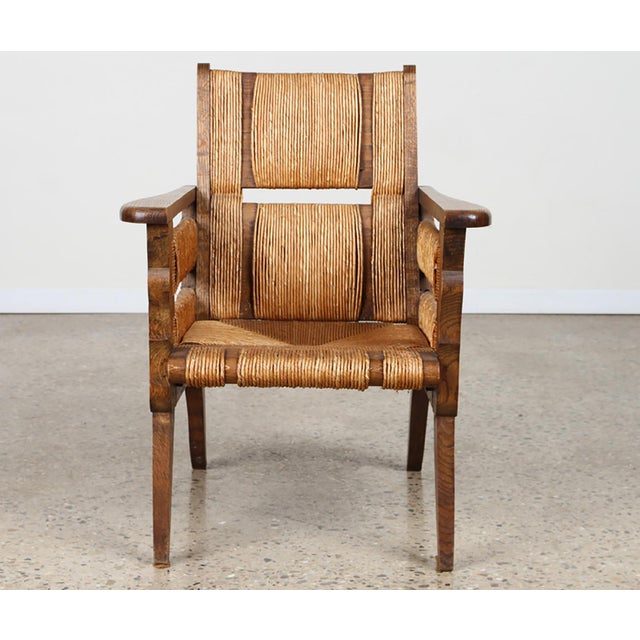 Modern Bespoke Hand-Rushed Oak Lounge Chairs - a Pair For Sale - Image 3 of 11