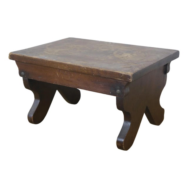 Antique Primitive Early American Oak Footstool Step Stool Rest Ottoman 16" For Sale